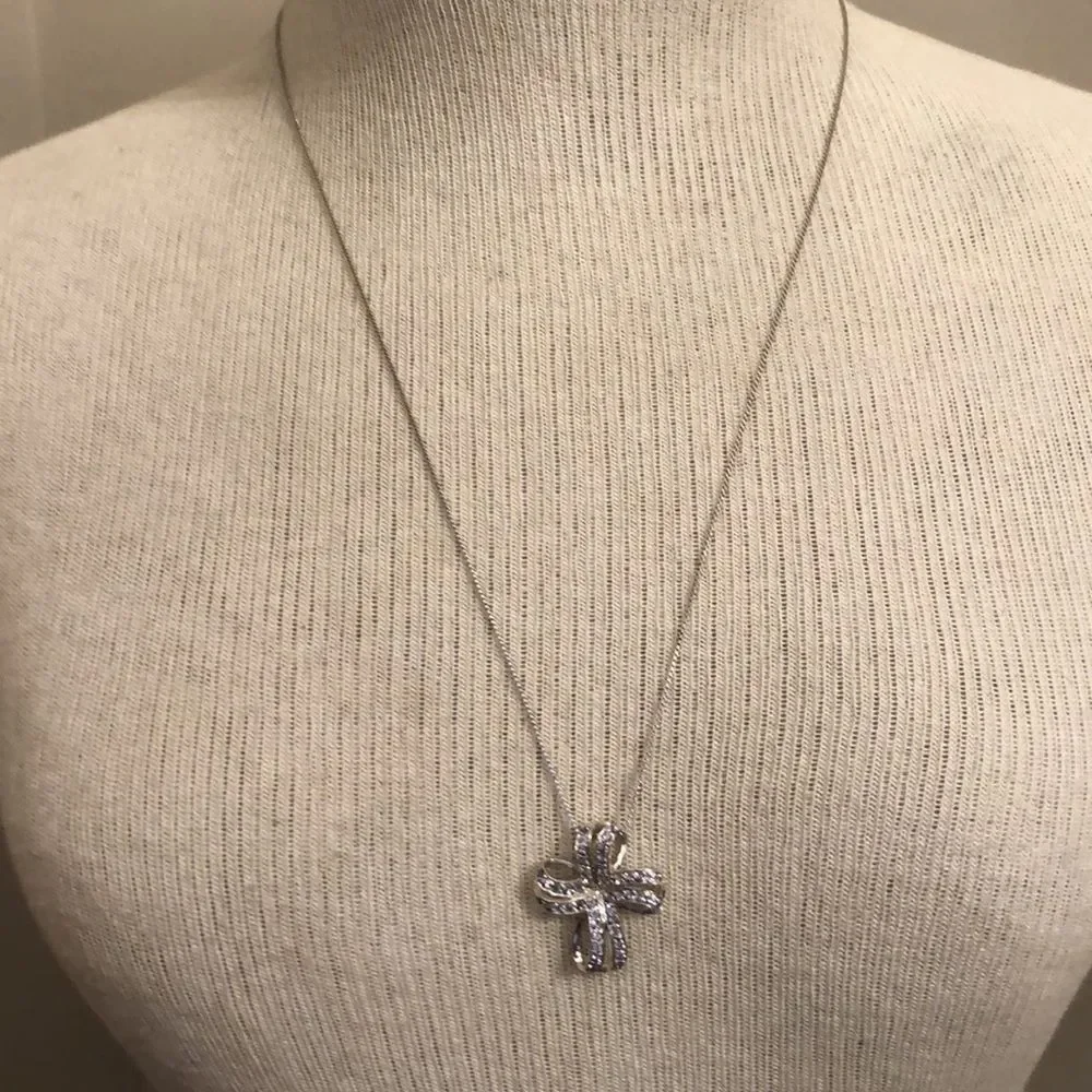 Vintage Loopy Bow Cross Necklace with Pale Purple Stones Sterling Silver